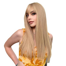 (Dark Brown) Women's Long Straight Wig with Bangs, Yellow Gradient Cosplay Hairpiece
