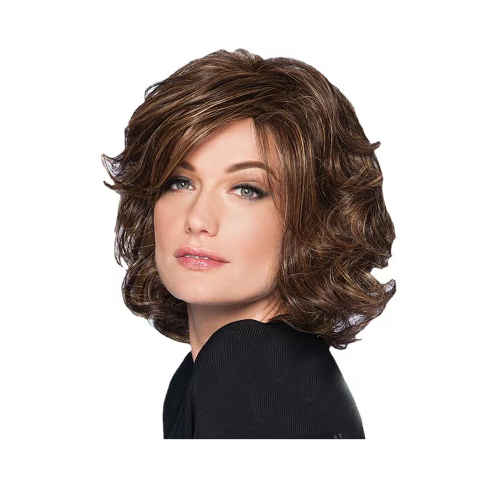 (Burgundy) Brown Medium-Length Curly Wig Side Bangs Women's Natural Look Kit