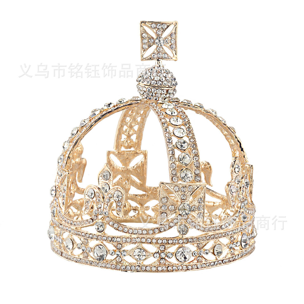 (Golden White Diamond) Gorgeous Crystal Crown Palace Hat Style Gold-Plated Gemstone Bride Hair Accessories Headpiece for Women
