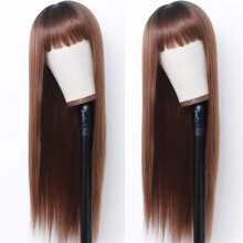 (Dark Brown) Long Straight Black Wig for Women, Natural Full Cap with Blunt Bangs