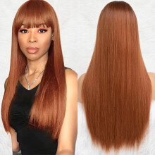 (Light Brown) Long Straight Black Wig for Women, Natural Full Cap with Blunt Bangs