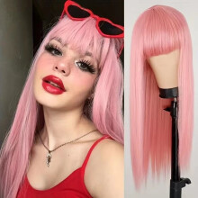 (Light pink) Long Straight Black Wig for Women, Natural Full Cap with Blunt Bangs