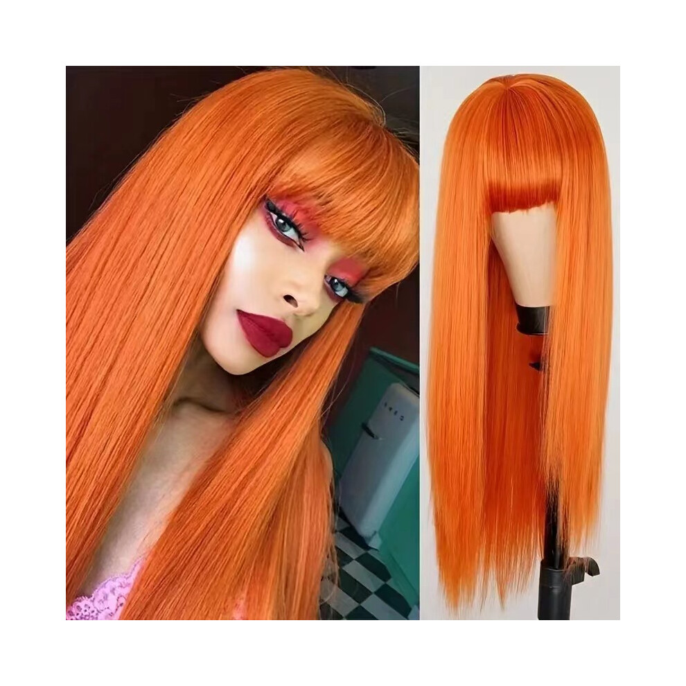 (Orange) Long Straight Black Wig for Women, Natural Full Cap with Blunt Bangs
