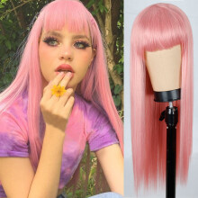 (Light Gold) Long Straight Full Bangs Wig for Women Natural Fluffy Full Head Coverage