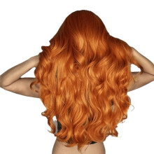 (Smoky pink) Orange Long Wavy Wig for Women, Big Curls with Air Bangs, Halloween Full Wig Set