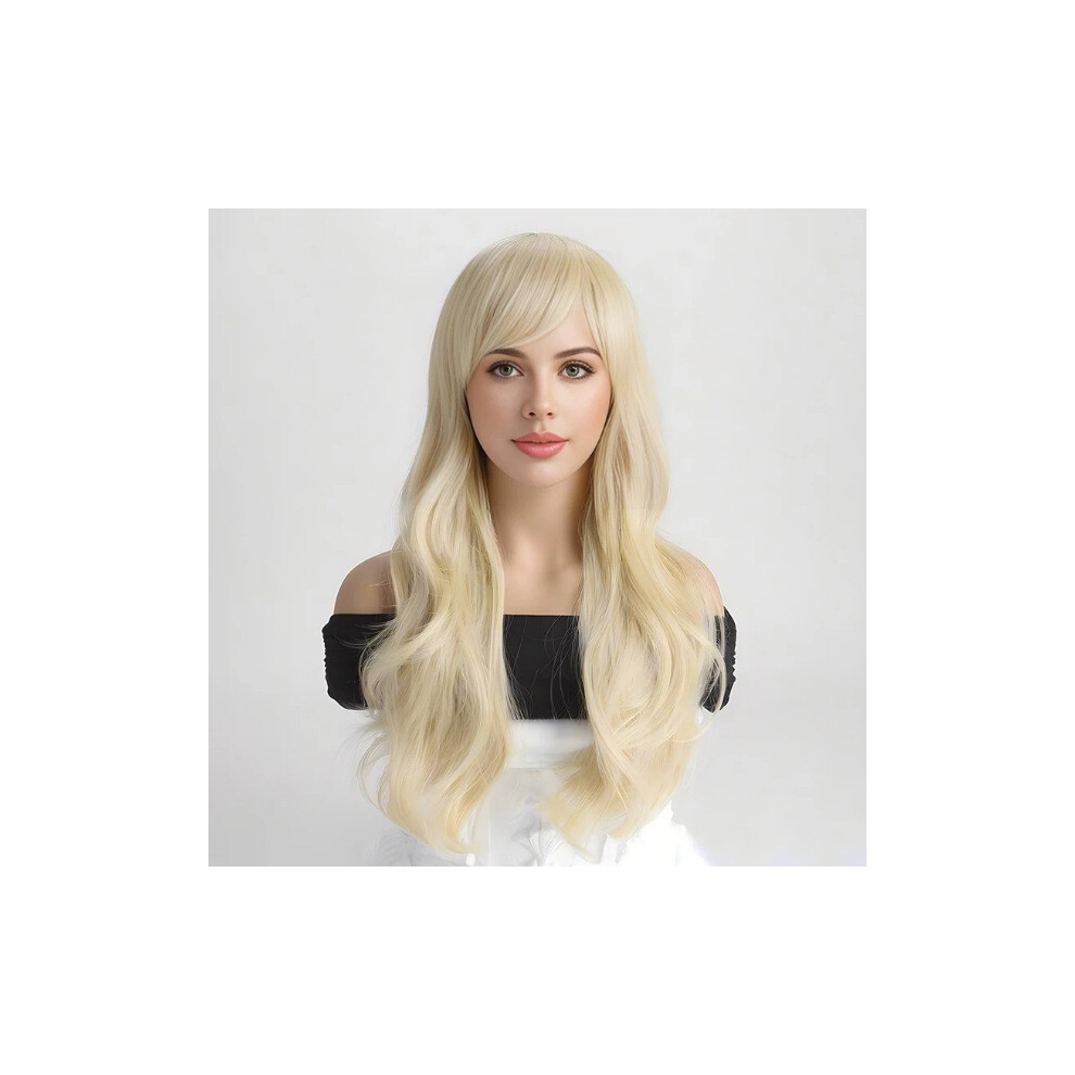 (Orange) Women's Long Wavy Curly Wig with Full or Side Bangs, High-Temp Silk Full Wig