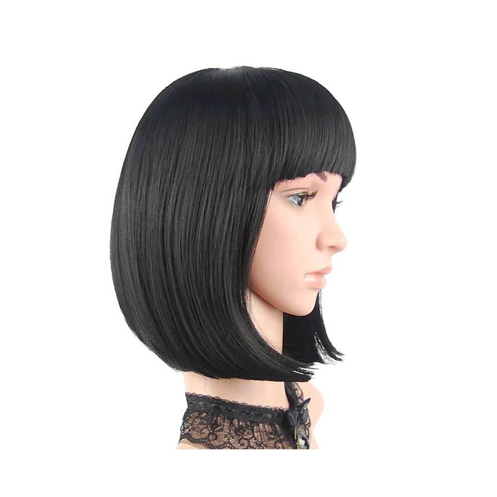 (Black) Colorful Anime Bob Wig with Full Bangs, Short Bobo Halloween Wig