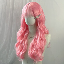 (Light pink) Long Curly Wig for Women with Air Bangs, Custom Vibrant High-Temp Silk Synthetic Full Wig