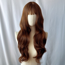 (Light Brown) Long Curly Wig for Women with Air Bangs, Custom Vibrant High-Temp Silk Synthetic Full Wig