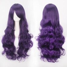 (Purple) Cosplay Wig Colorful Anime Wig Button Net High-Temp Silk 80CM Long Curly Hair Universal