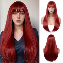 (Burgundy) Women's Long Straight Natural Smooth Wig, Synthetic High-Temp Fiber Full Headpiece