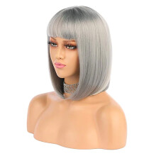 (Silver gray) Colorful Anime Bob Wig with Full Bangs, Short Bobo Halloween Wig