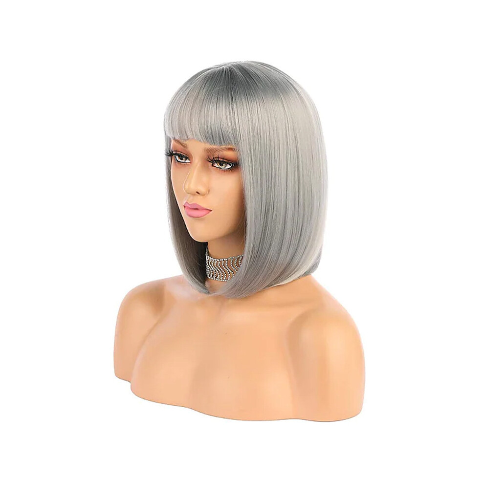 (Silver gray) Colorful Anime Bob Wig with Full Bangs, Short Bobo Halloween Wig