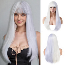 (White) Women's Long Straight Natural Smooth Wig, Synthetic High-Temp Fiber Full Headpiece