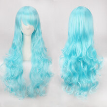 (Sky blue) Cosplay Wig Colorful Anime Wig Button Net High-Temp Silk 80CM Long Curly Hair Universal