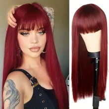 (Burgundy) Long Straight Black Wig for Women, Natural Full Cap with Blunt Bangs