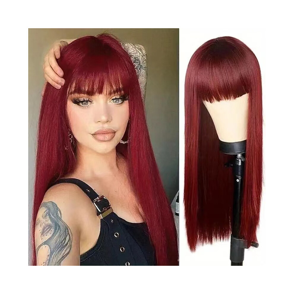 (Burgundy) Long Straight Black Wig for Women, Natural Full Cap with Blunt Bangs