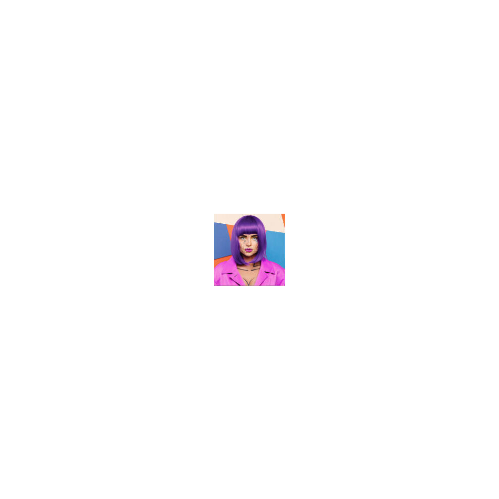 (Purple) Colorful Anime Bob Wig with Full Bangs, Short Bobo Halloween Wig