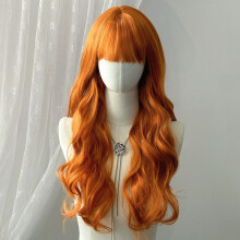 (Orange) Long Curly Wig for Women with Air Bangs, Custom Vibrant High-Temp Silk Synthetic Full Wig