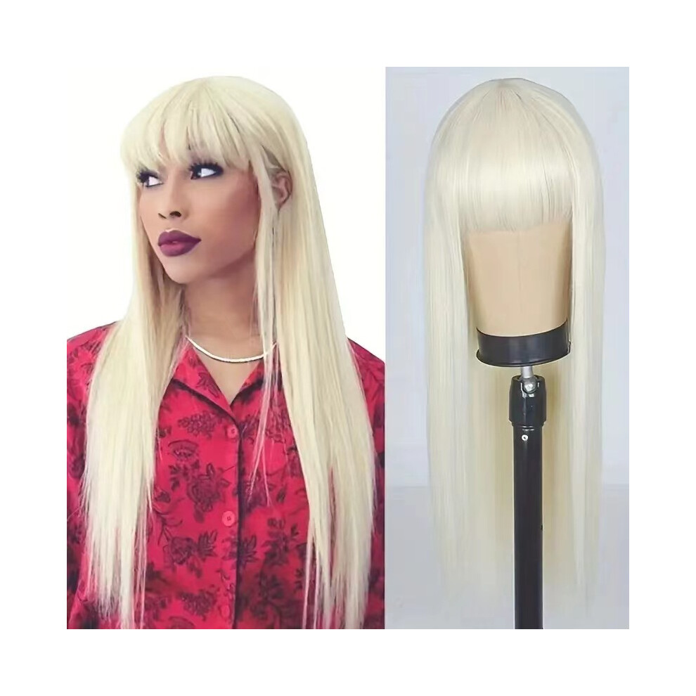 (Off-White) Long Straight Black Wig for Women, Natural Full Cap with Blunt Bangs