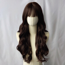 (Dark Brown) Long Curly Wig for Women with Air Bangs, Custom Vibrant High-Temp Silk Synthetic Full Wig
