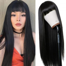 (Black) Long Straight Black Wig for Women, Natural Full Cap with Blunt Bangs