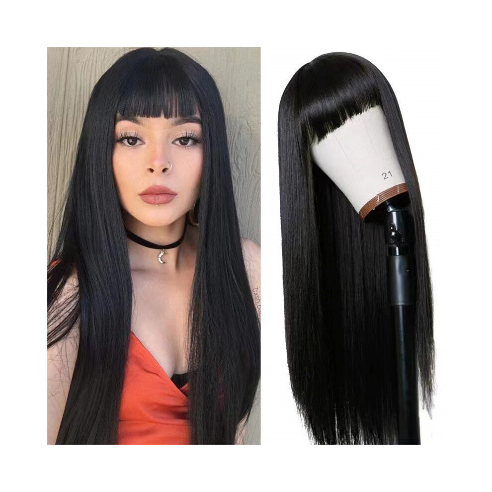 (Black) Long Straight Black Wig for Women, Natural Full Cap with Blunt Bangs