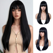 (Black) Women's Long Straight Natural Smooth Wig, Synthetic High-Temp Fiber Full Headpiece