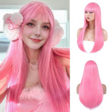 (Pink) Women's Long Straight Natural Smooth Wig, Synthetic High-Temp Fiber Full Headpiece