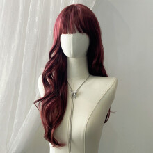 (Burgundy) Long Curly Wig for Women with Air Bangs, Custom Vibrant High-Temp Silk Synthetic Full Wig