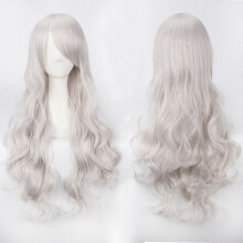 (Silver gray) Cosplay Wig Colorful Anime Wig Button Net High-Temp Silk 80CM Long Curly Hair Universal