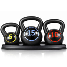 3 Piece Kettlebell Set 5/10/15 lb with Storage Rack, Vinyl Coated Kettlebells with Wide Non-Slip Handles, Flat Base Free Weights for Home Gym, Streng