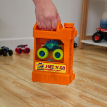 Hot Wheels Monster Trucks 1:64 Scale Toy Truck Playset, Fuel N’ Go Gas Can Transforms Into Stunting Arena, With Motosaurus & 2 Crushed Cars, HXT04