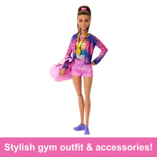 Barbie Gymnastics Doll & Accessories, Playset with Brunette Fashion Doll, C-Clip for Flipping Action, Balance Beam, Warm-Up Suit & More, HRG53