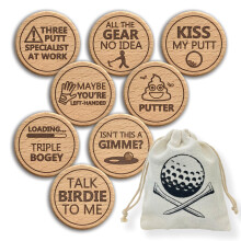 Funny Golf Ball Markers | Set of 8 Novelty Wooden Engraved Markers + Drawsting Bag | Joke Golf Accessories For The Putting Green | Gift For Bad Putte