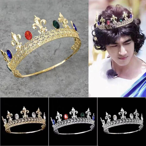 (Silver Blue) Retro Baroque Crown with Gold Gun Tip & Diamond Round Design, Movable Back 2