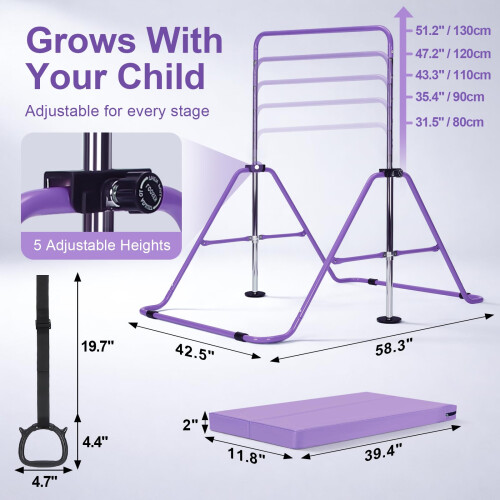 M.J COMFY-LIFE Kids Gymnastics Bar with Mat – Adjustable Easy Assembly Training 1