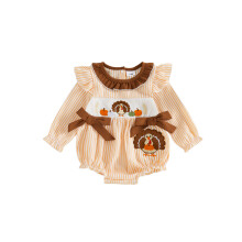(3-6 Months, Orange) Baby Girl Thanksgiving Striped Romper Fashion Turkey Pumpkin Embroidery Long Sleeve Fall Jumpsuits