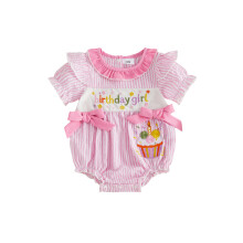 (6-12 Months, Pink) Baby Girl Birthday Romper Letter Embroidery Short Sleeve Ruffled Crew Neck Bow Bodysuit Cake Smash Outfit