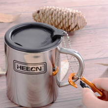 HEECN Camping Mugs - Double Walled Stainless Steel Mug for Hot Drinks with Lid and Carabiner - Backpacking - Trekking - Hiking - HESS038BBK300