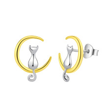 (White Yellow) Korean Version Moon Cat Silver Stud Earrings, Japanese Korean Style Unique 925 Earrings Cute Cat Stud Earrings