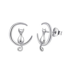 (Platinum Color) Korean Version Moon Cat Silver Stud Earrings, Japanese Korean Style Unique 925 Earrings Cute Cat Stud Earrings