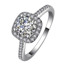 (Platinum Color, US Size 9) 18K White Gold Plated Eight Hearts Eight Arrows Diamond Square Round Engagement Ring