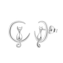 (Silver Color) Korean Version Moon Cat Silver Stud Earrings, Japanese Korean Style Unique 925 Earrings Cute Cat Stud Earrings