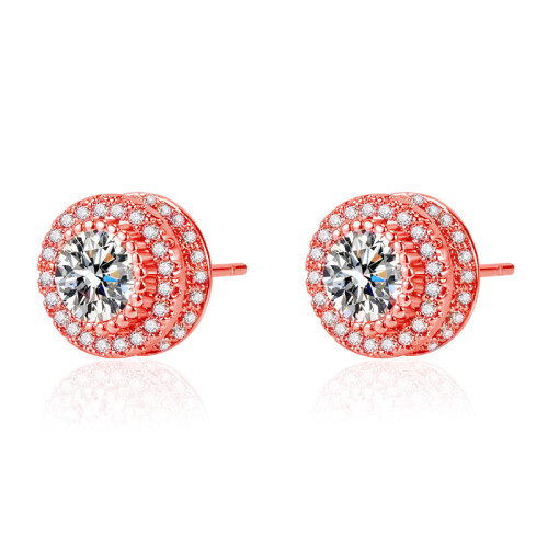(Rose Gold) Micro-Paved Full Diamond Stud Earrings with Round 3A Zirconia Set