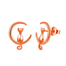 (Rose Gold) Korean Version Moon Cat Silver Stud Earrings, Japanese Korean Style Unique 925 Earrings Cute Cat Stud Earrings