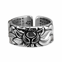(Black) Black Unisex Lotus Heart Sutra Vintage Floral Wide Silver Ring Jewelry