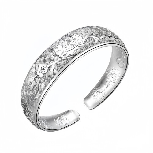 (Silver Color, A) Elegant Silver Diamond Wide Bracelet, Open Cuff Water Cube Ring Set