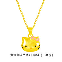 (Golden Color) Collana con ciondolo a forma di gatto KT, dolce e carina, con grazioso fiocco rosa e ciondolo a forma di gatto in resina.