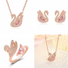 (Rose Gold) Full Diamond Pink Zircon Swan Set: Crescent Crystal Earrings, Ring, Necklace & Bracelet